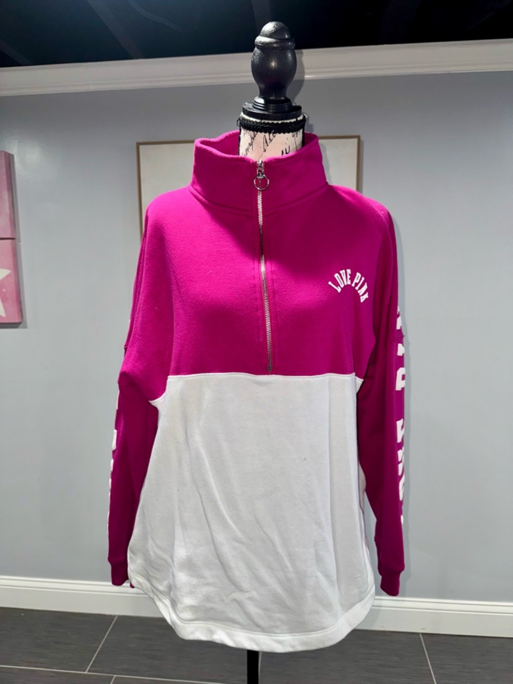 PINK Victoria's Secret Two-Tone Half-Zip Pullover - Fuchsia & White